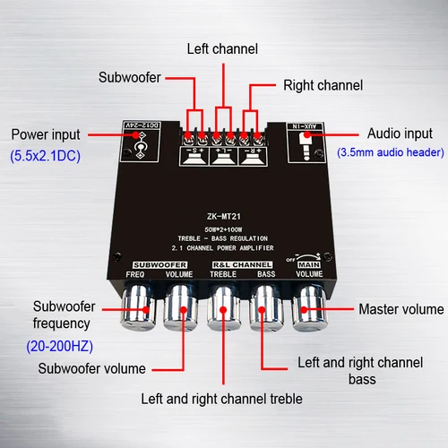 Imagen 2 del producto Módulo amplificador de sonido WOOPKER ZK-MT21 2x50W + 100W Subwoofer de 2,1 canales Bluetooth 5,0 placa amplificadora de potencia Digital AUX 12V/24V