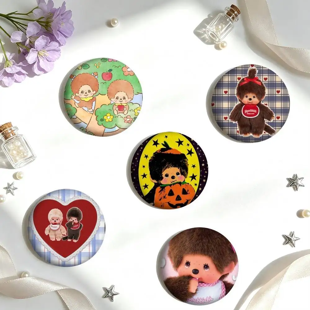 R-Retro Fluffy Cute Monchhichi  25 32 44 58 75mm Badges Personalized Round Brooches Pins Accessory Gift