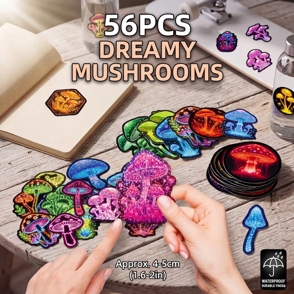 

56-Piece Neon Mushroom Creative Sticker Set—Perfect for Laptops, Water Bottles, and Skateboards—Waterproof Aesthetic Stickers