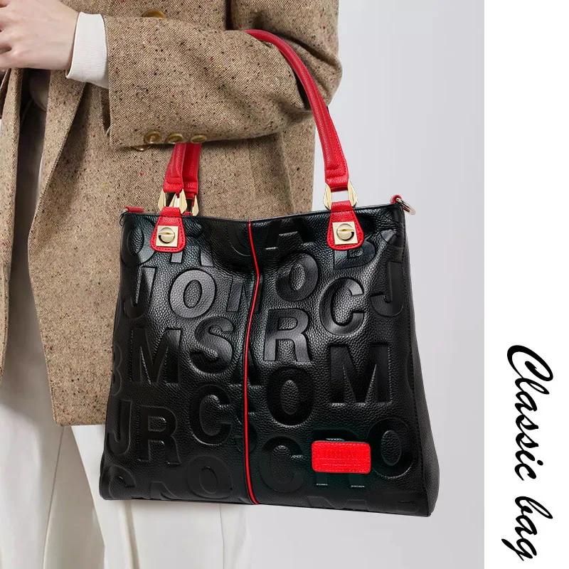 New Women's Handbag 2024 Large Capacity, Fashionable and Versatile, High Grade Letter Printed Cowhide Tote Bag