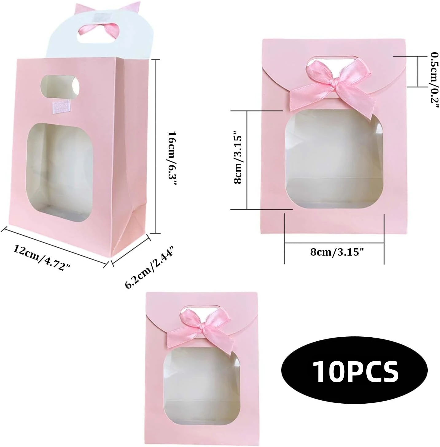 10 Stück rosa Mini-Kraftpapiertüten mit klarem Fenster, Geschenktüten mit Griffen für Süßigkeiten, Kekse, Hochzeit, Weihnachtsfeier – Detail 1