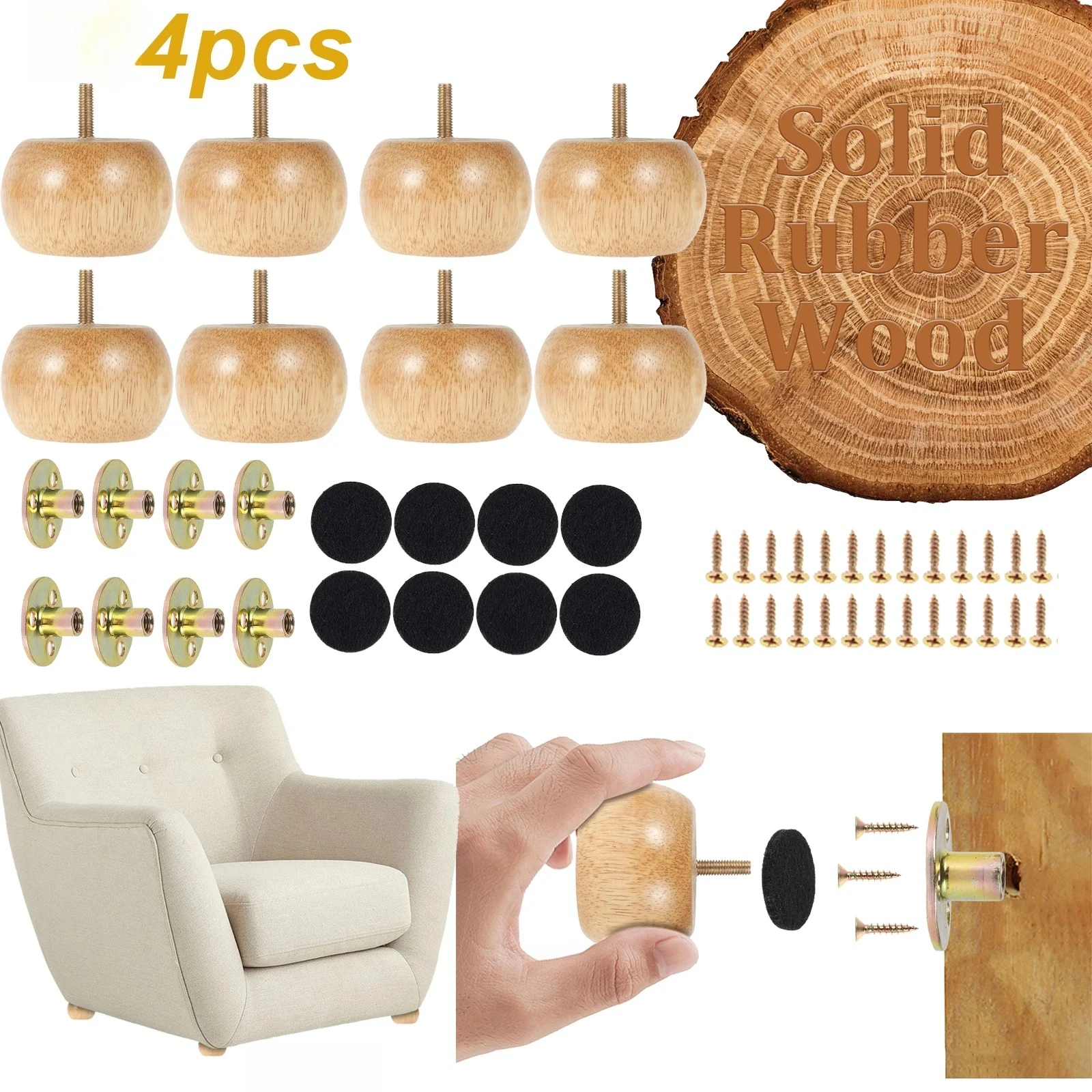 For Armchair,Recliner, Dresser, Sideboard 4pcs 2inch Wood Furniture Legs Sofa Legs Set Solid Rubber Wood Furniture Fee
