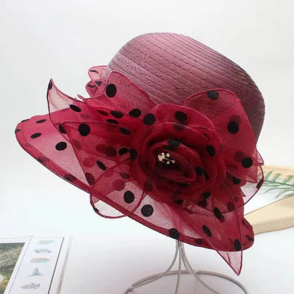 قبعة شمس أنيقة منقطة بلون سادة من الأورجانزا للحماية من الشمس وقبعة ربط قابلة للتنفس