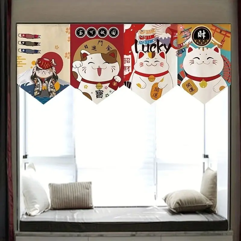 Cortina de puerta japonesa Noren, bandera triangular con diseño de gato Maneki-neko, cortina corta colgante para restaurante, cocina, decoración artística del hogar