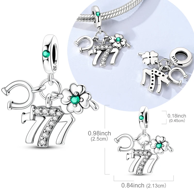 Original 925 Sterling Silver Lucky Four Leaf Clover Horseshoe 777 Pendant Fit Original Bracelet For Women DIY Jewelry Gift