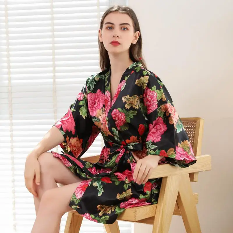 Loose Bathrobe Sexy Print Flower Women Kimono Robe Gown Satin Silk Intimate Lingerie Nightgown Soft Home Dressing Gown