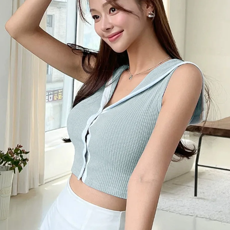 Korean Dongdaemun Slim Fit Sexy Shawl Navy Collar Contrast Color Figure-Flattering Short Sleeveless Cardigan T-Shirt Top for