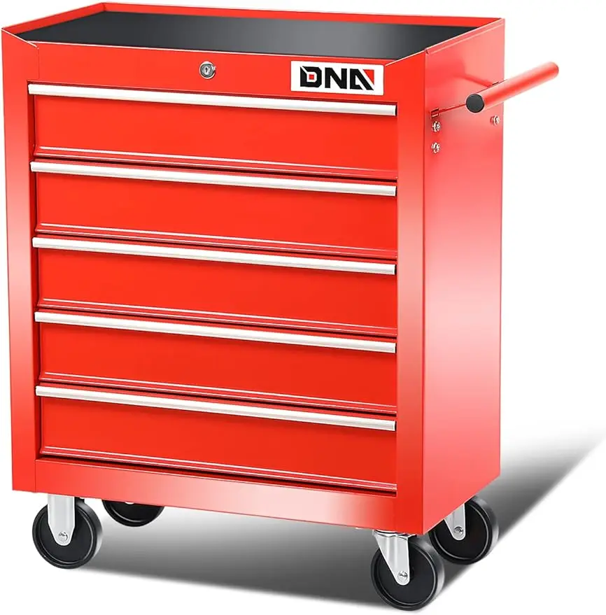 

DNA MOTORING TOOLS-00263 5-Drawer Plastic Top Rolling Tool Cabinet with Keyed Locking System,13" D x 24.5" W x 30.5" H,Red