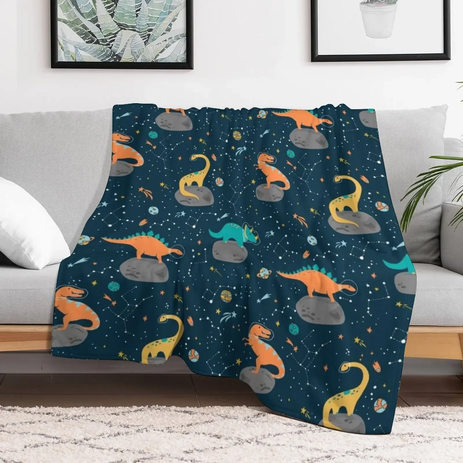 Dinosaurs Floating on an Asteroid Throw Blanket Soft Solid Color Blanket for Couch Bed