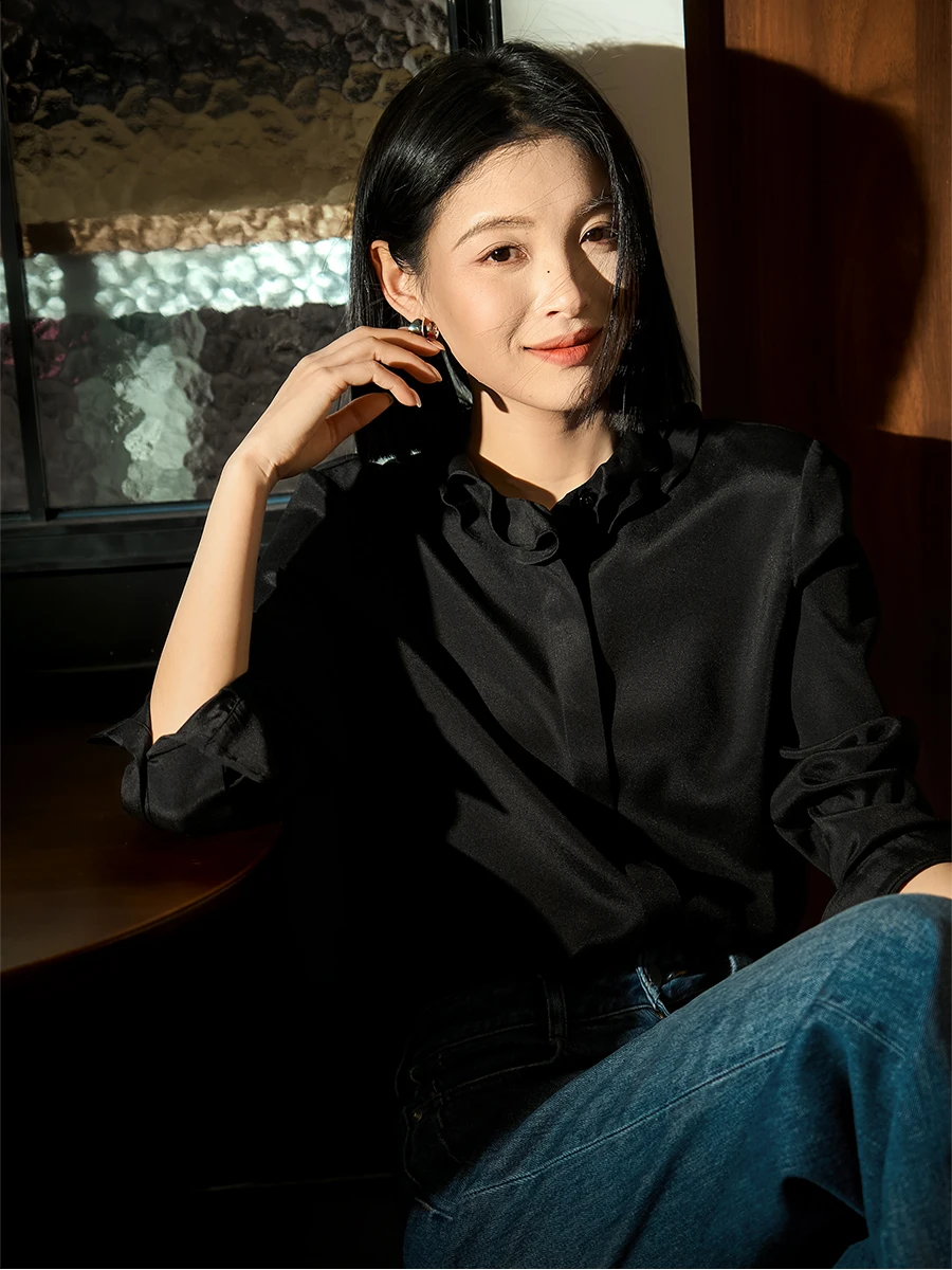 

Блузка из шелка серии Swan Lake, цвет Cloud White, эластичная, из жатого шелка, с кружевным воротником, длинный рукав, комфортная, в стиле OL.