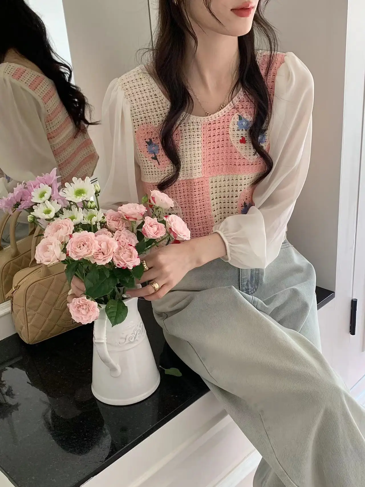 Granny Square Knit Top Long Sleeve Embroidery Floral Heart Crochet Crop Top Blouse Women Teen-girl Fairycore Outfit