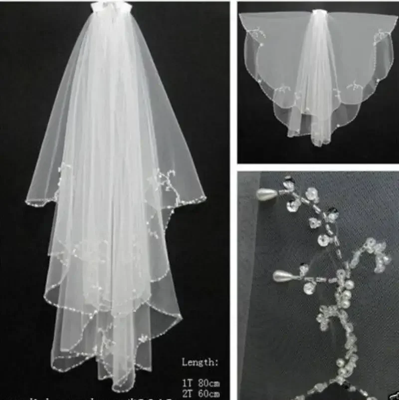 2T 2 Tier Silver Threaded Beaded Fingertip Length  Wedding Head Veil  Cape De Mariée