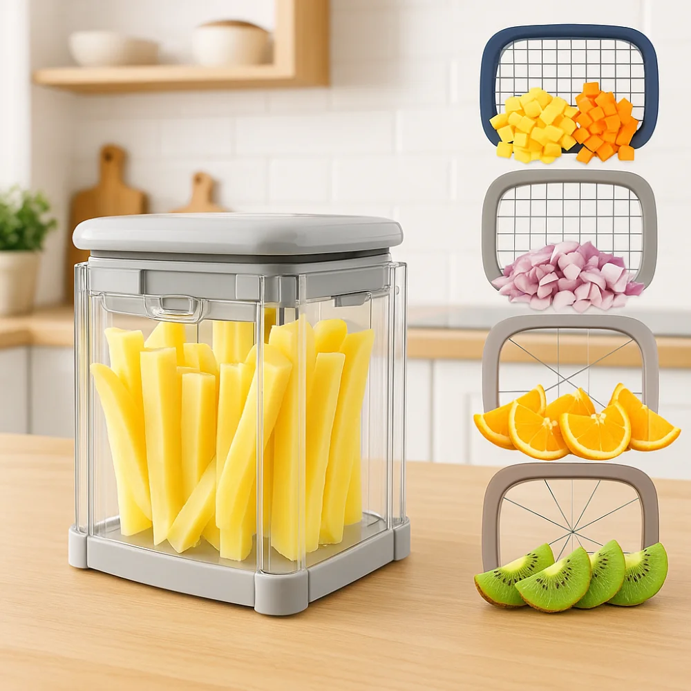 

Kitchen Gadgets Manual French Fries Cutter Hand Press 4 in 1 Vegetable Dicer with 4 Blades Efficient Fruit Slicer Onion