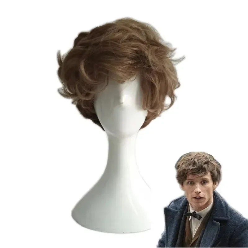 Fantastic Beasts The Crimes of Grindelwald Newt Scamander Cosplay Wig Short Brown Curly Heat Resistant Hair Wigs +Wig Cap