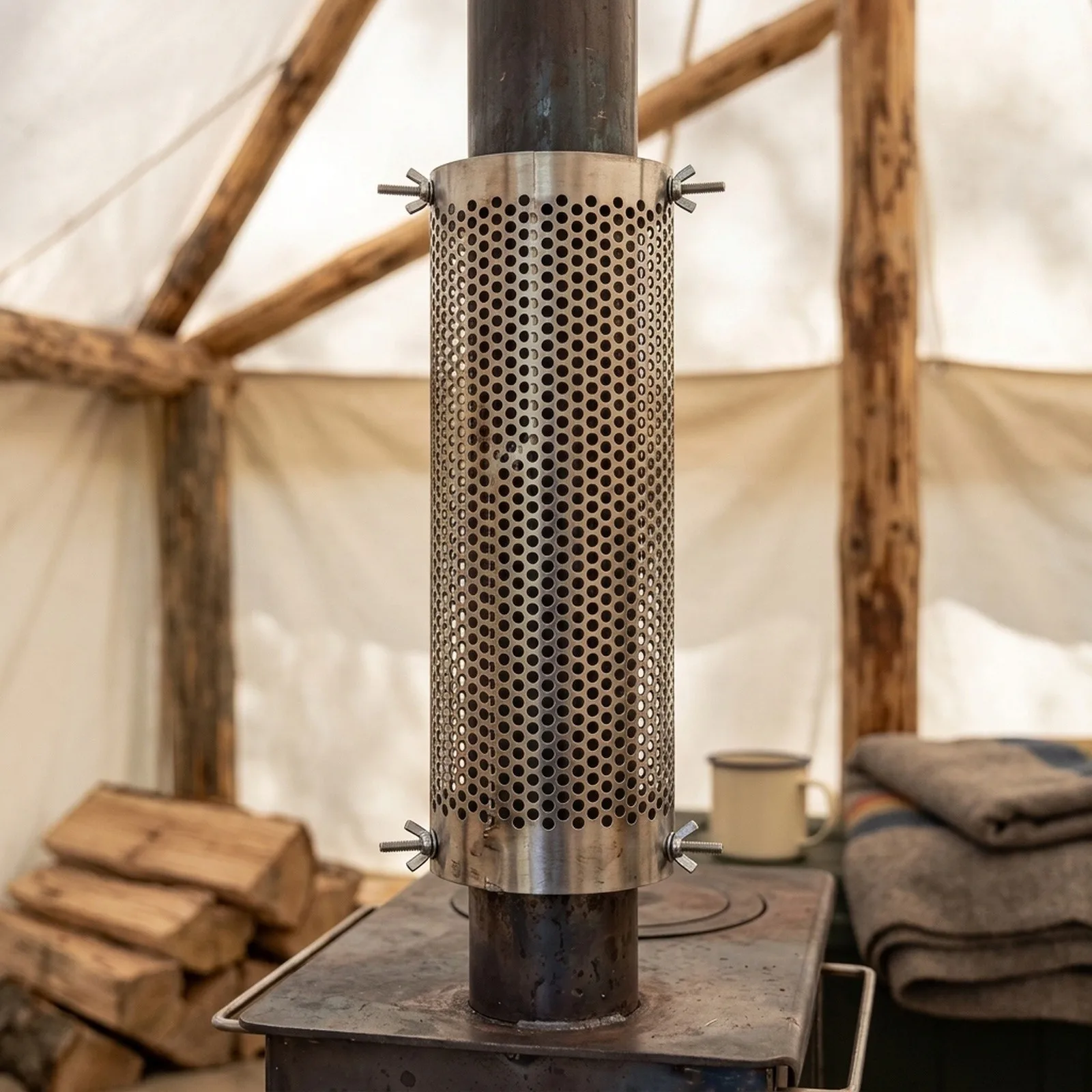 Stainless Steel Camping Tent Stove Chimney Pipe 10cm Diameter 40cm Length With Anti-Hot Mesh Cover For Wood Stove Heating Parts