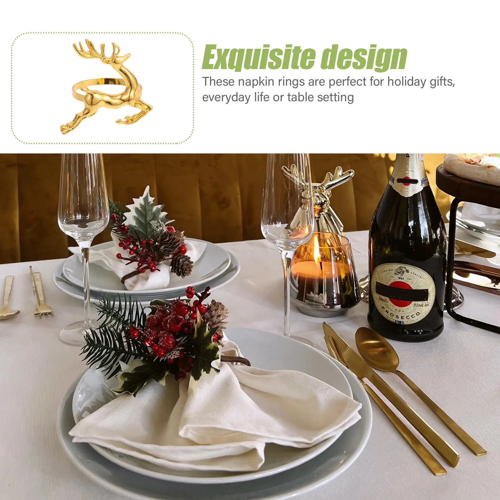 

6 Pcs Christmas Decoration Banquet Napkin Rings Elk Holder Holiday Holders Golden Dining Table Deer Themed