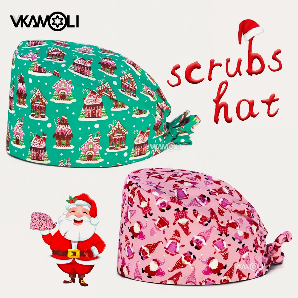 2025 خريف/شتاء جديد عيد الميلاد طباعة فرك قبعة الكرتون الدعك الطبية قبعة ممرضة بيطرية الملحقات