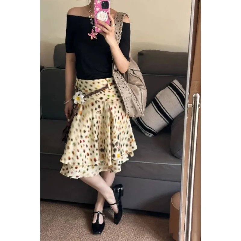 Womens Beige Multi Color Polka Dot Double Layer Ruffled Midi Skirt