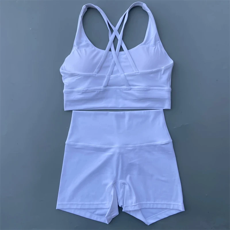 Solid Color Gym Bike Yoga Set Short Legging +Cross Back Sport Bra Tracksuit Athletic Women Gym Suit Comprehensive Training Jog - Image 6