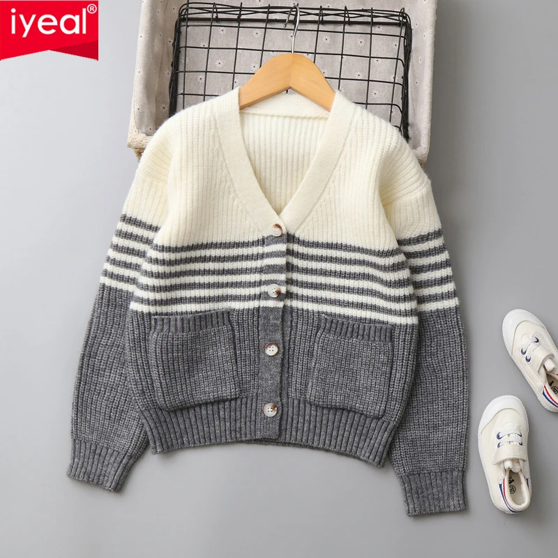 IYEAL Kids Boys Autumn Color Block Striped Knit Cardigan V Neck Button Sweater Boys Girls Soft Knitted Outerwear with Pockets