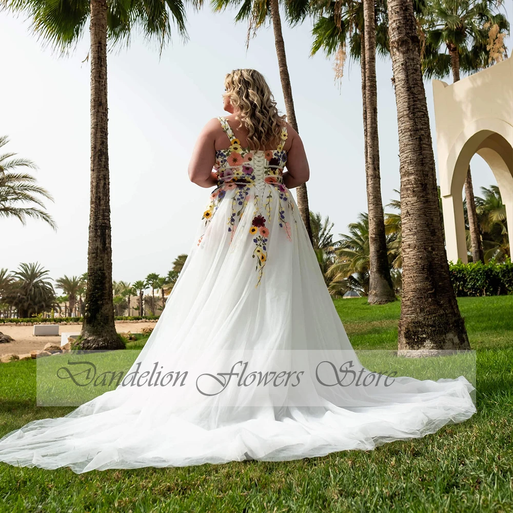 Vestidos De novia sexys De talla grande 2023, vestidos De novia con cuello en V profundo y cordones con flores De tul, línea A, Vestido De novia De cola De barrido