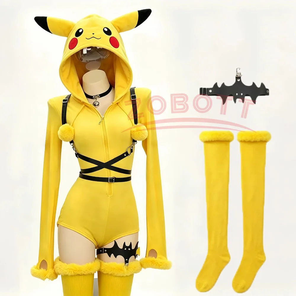 

Yellow MMouse Cosplay Anime PK Costume Woman Socks Hooded Jumpsuit Straps Outfit Set Halloween Party Play Uniform Prop