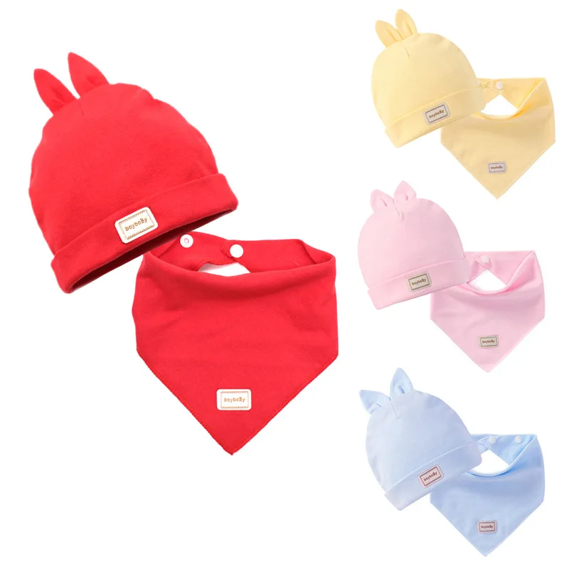 Newborn Baby Hat with Bibs Set Candy Color Boys Girls Baby Beanies Hats 0-12Months Kids Hat Cotton Bibs Toddler Infant Caps