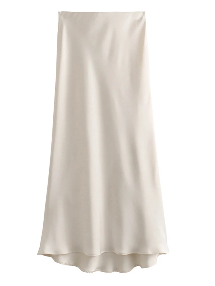 تنورة نسائية من الساتان الأسود لعام 2025 بخصر عالٍ تنانير طويلة أنيقة للنساء تنورة صيفية ميدي تنانير نسائية للمكتب