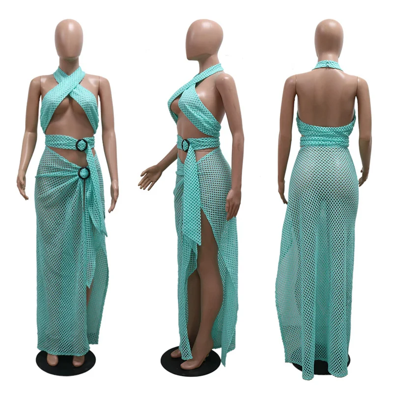 여성용 백리스 크로스 홀터 컷 아웃 하이 스플릿 불규칙 나이트 클럽 원피스, 시스루 메쉬, 섹시 롱 파티 드레스, 여름 2024