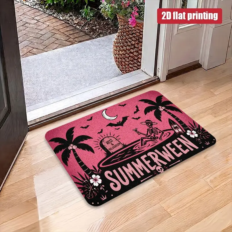 [2D Flat] 1pc SUMMERWEEN Halloween Beach Style Door Mat 100% PolyesterThick Plush Velvet Rug, Sponge Thickness 1.02cm Indoor B