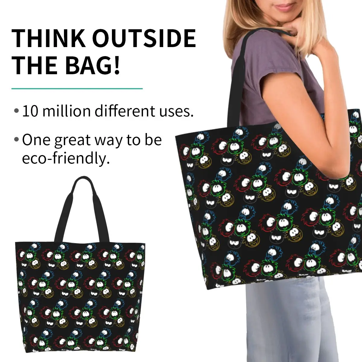 Club Penguin Puffle Group Shopping Tote Bag Canvas Large Capacity Shoulder Bags Shopper Grocery Handbag for Women