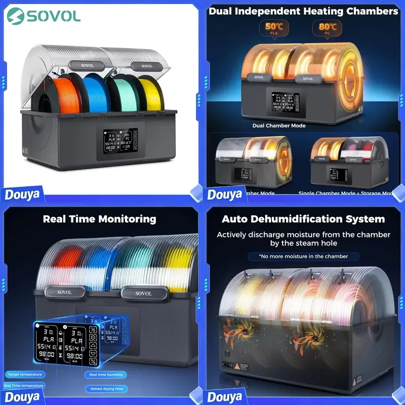 Sovol Filament Dryer 4 Spools, with 85℃ Max Temp, Auto Dehumiditification and Sealed Storage, Dual Independent Heating