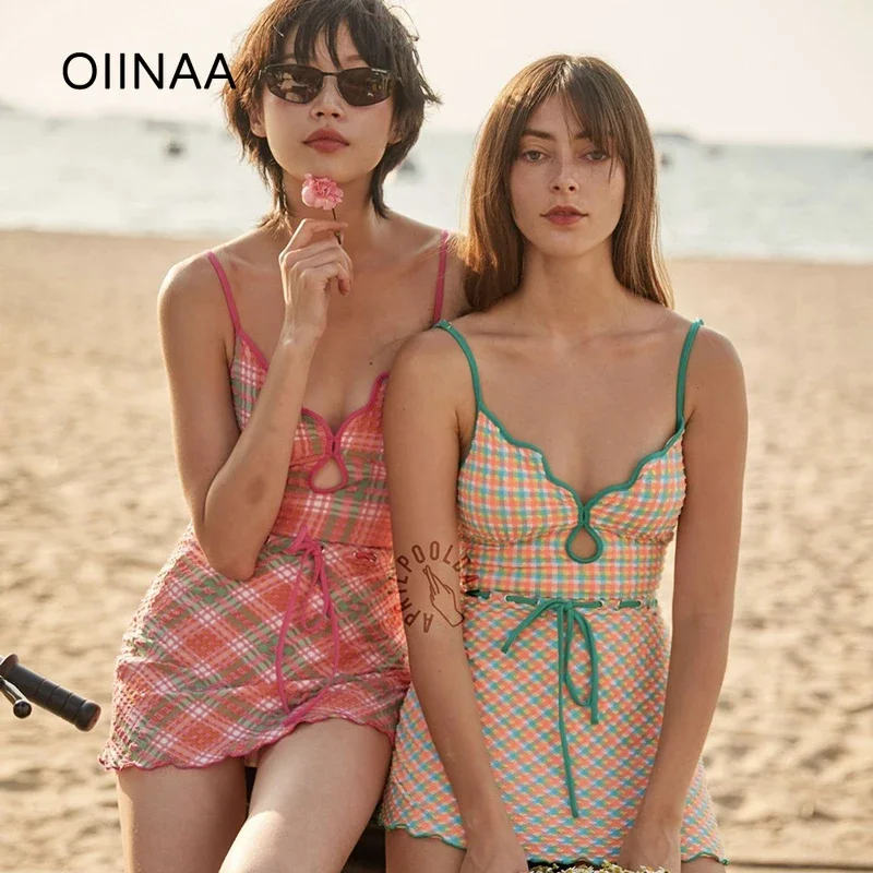 

OIINAA One Piece Swimsuit Women Halter Plaid Lace Up Beachwear Beach Holiday Swimwear Summer 2025 New Sweet Girls Bathing Suit