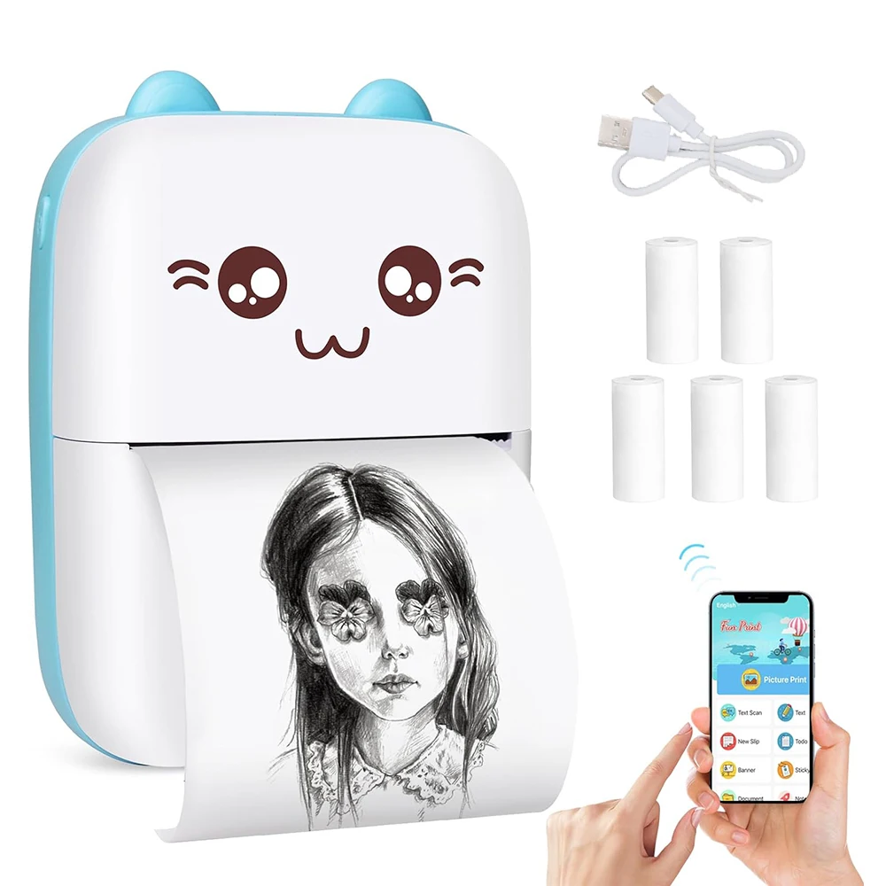 

Cute HD Mini Photo Printer Multi-function Bluetooth Outdoor Travel Essential Convenient Carry Free 5 Rolls Of Printing Paper