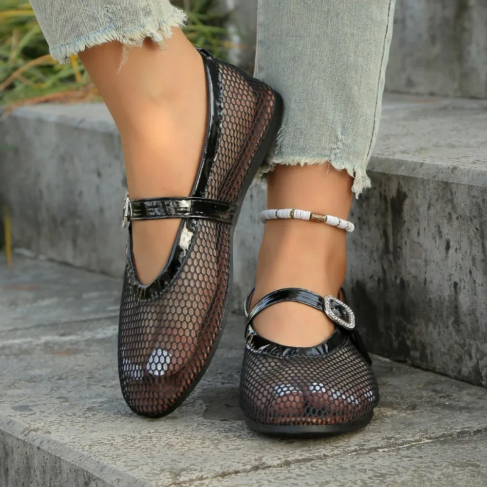 Round Head One Buckle Strap Ballet Shoes Women's Soft Bottom Flat Hollow Mary Jane Single Fishing Net Shoes