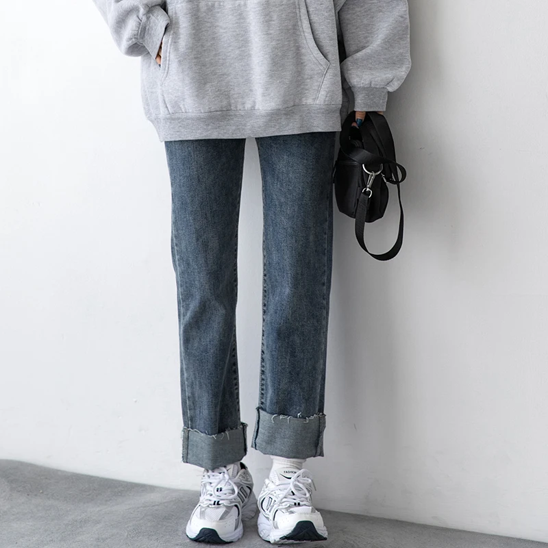 

High Waist Straight Leg Jeans Women's Spring Autumn Loose Cuffed Flared plus Size Slimming Trousers Trendy Cotton Blend