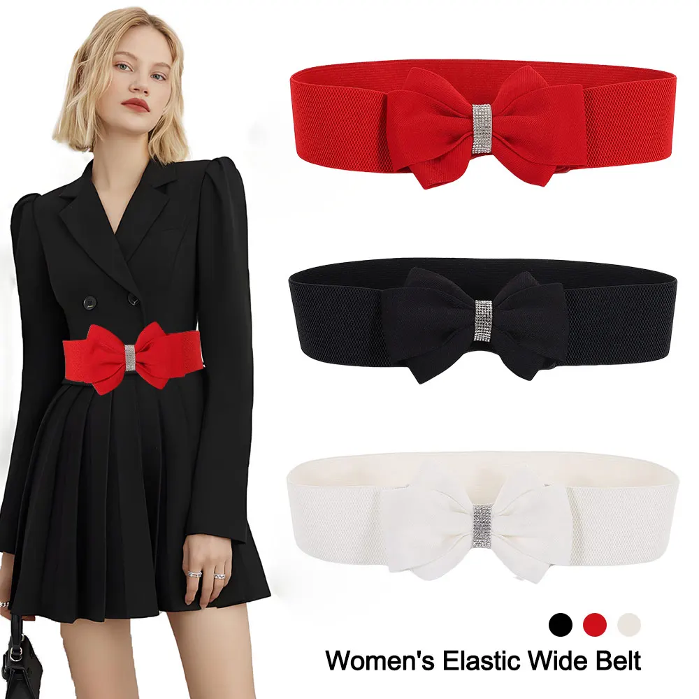Fashion Adjustable Buckle Women's Elastic Wide Belt Plus Size Solid Color Bowknot Waistband Elastic Bow Belt for Dress Jeans