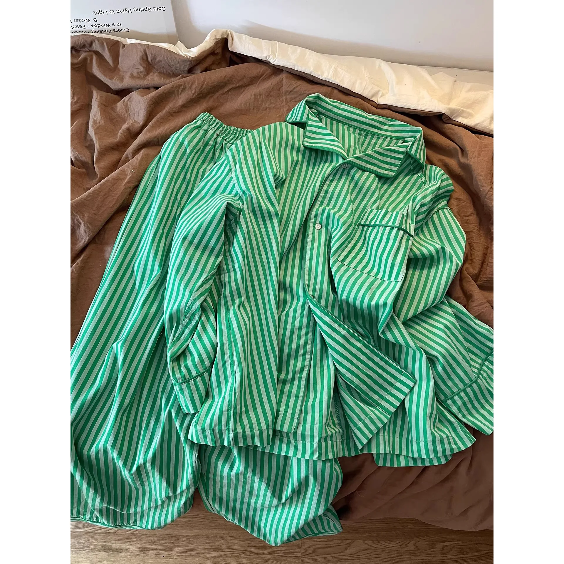 New Ins Striped Pajamas for Women, Spring and Autumn Long-Sleeve Set, Plus Size, Cloud Cotton, Loose Home Wear, High-End Feel