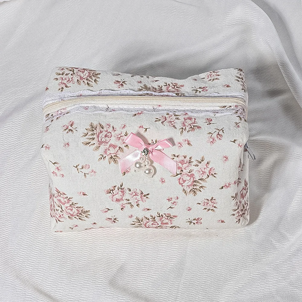 Elegant White Lace Makeup Bag, Quilted Bridal Cosmetic Pouch with Floral Embroidery Bow, Women's Travel Toiletry Gift Cosmetic view 4