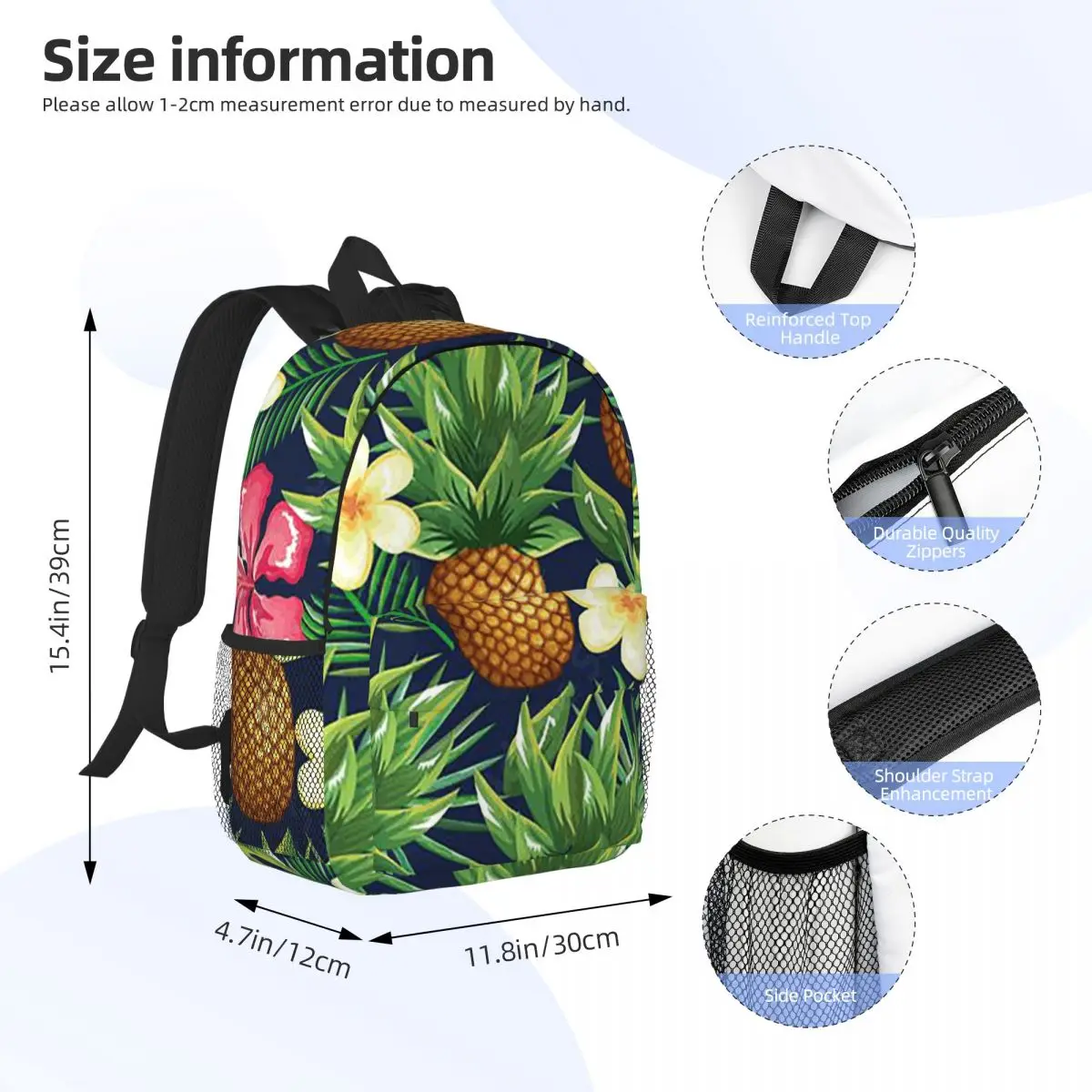 Tropical Hawaiian Pineapple Flowers Backpack Daypack Large Capacity Boys Girls BookBag Shoulder Bags for Men Women School Bag