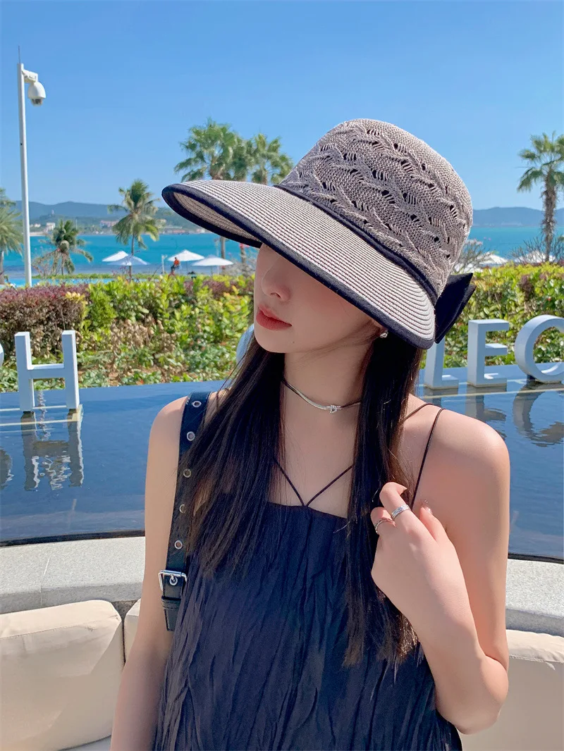 Women Ponytail Straw Sun Hat Wide Brim Visor Summer Adjustable Cap Sun Beach Foldable Hats