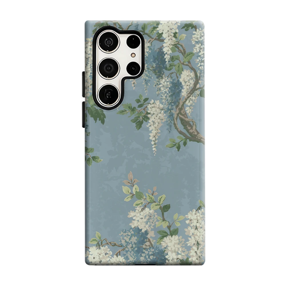 White Blue Wisteria Phone Case For Samsung Galaxy S25 S26 Ultra S24 S23 Plus Shockproof Double Layer Tough Back Cover
