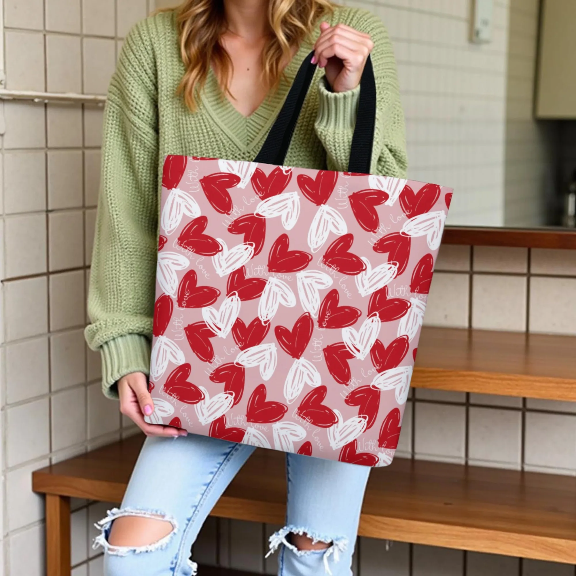 حقيبة يد قماشية رومانسية على طراز عيد الحب بتصميم قلب وردي حقيبة تسوق قابلة لإعادة الاستخدام للنساء مناسبة للتنقل اليومي