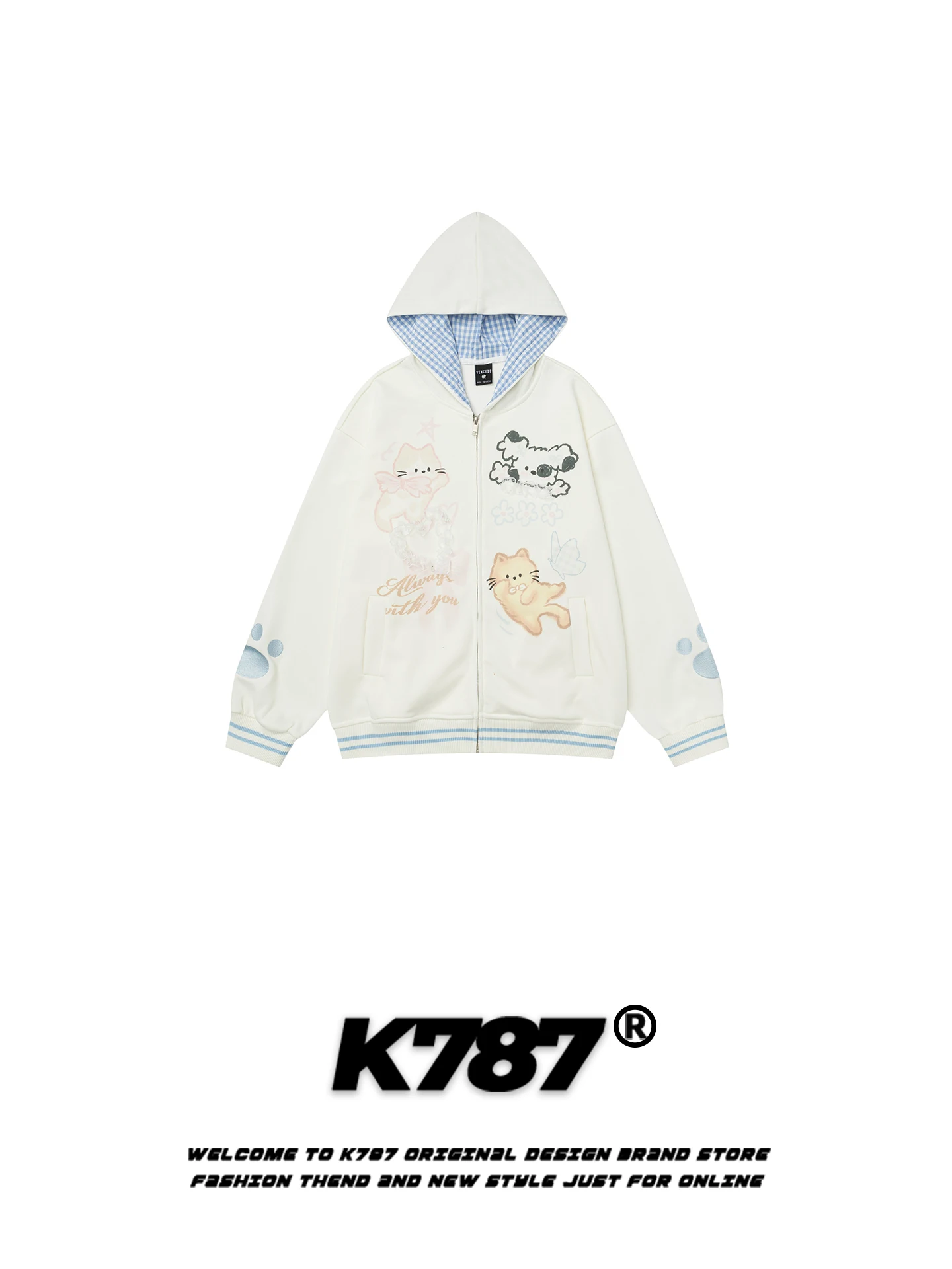 

K787 American Sweet Plaid Hoodie Women's Lace Splicing Loose College Sle Anti-Aging Zipper Jaet Casual Long Sve