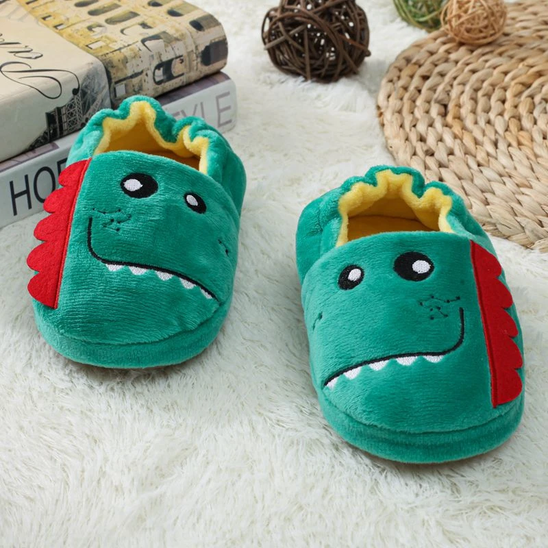 Fashion Toddler Boy Slippers Indoor Winter Cartoon Dinosaur Plush Warm Kid House Footwear Soft Rubber Sole Home Shoes Baby Items