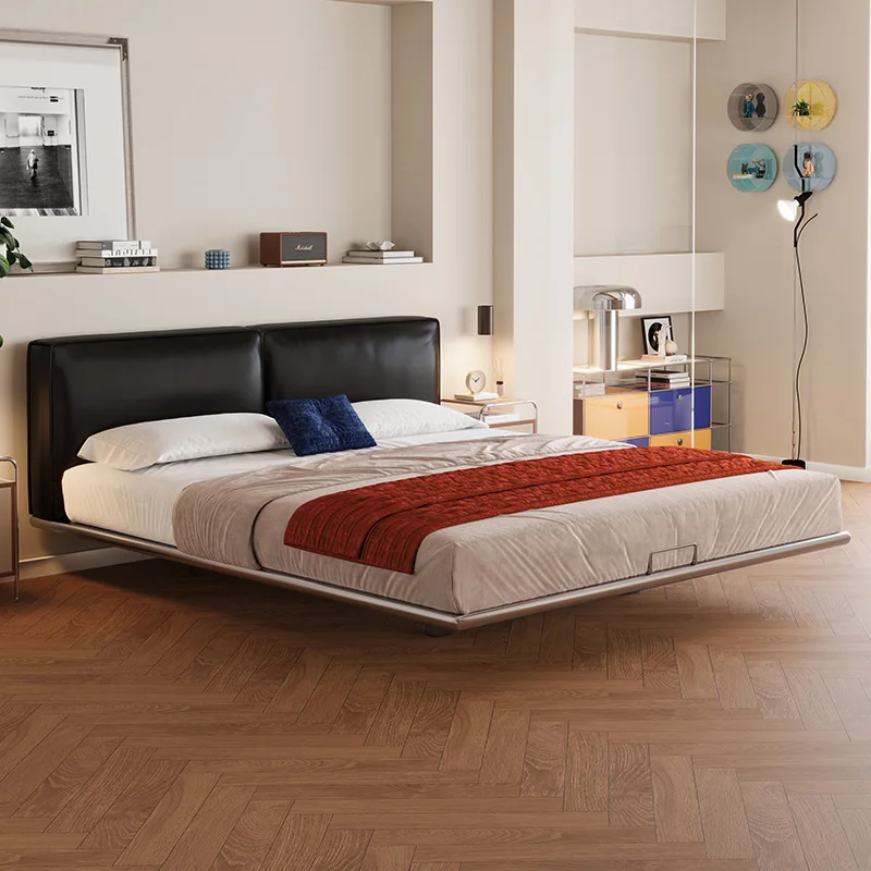 

LTT Italian minimalist leather bed stainless steel frame metal bed master bedroom black suspended double soft bag bed