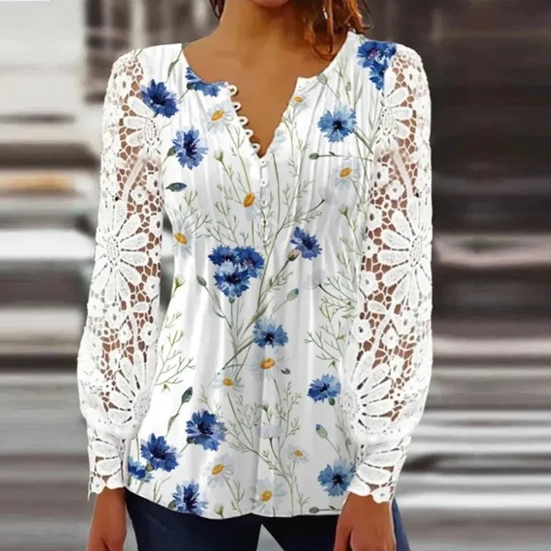 Autumn Women's White Shirt V-neck Print Button  T-shirt Women Stylish Blouses Casual Loose Long-sleeve Elegant Female Clothing