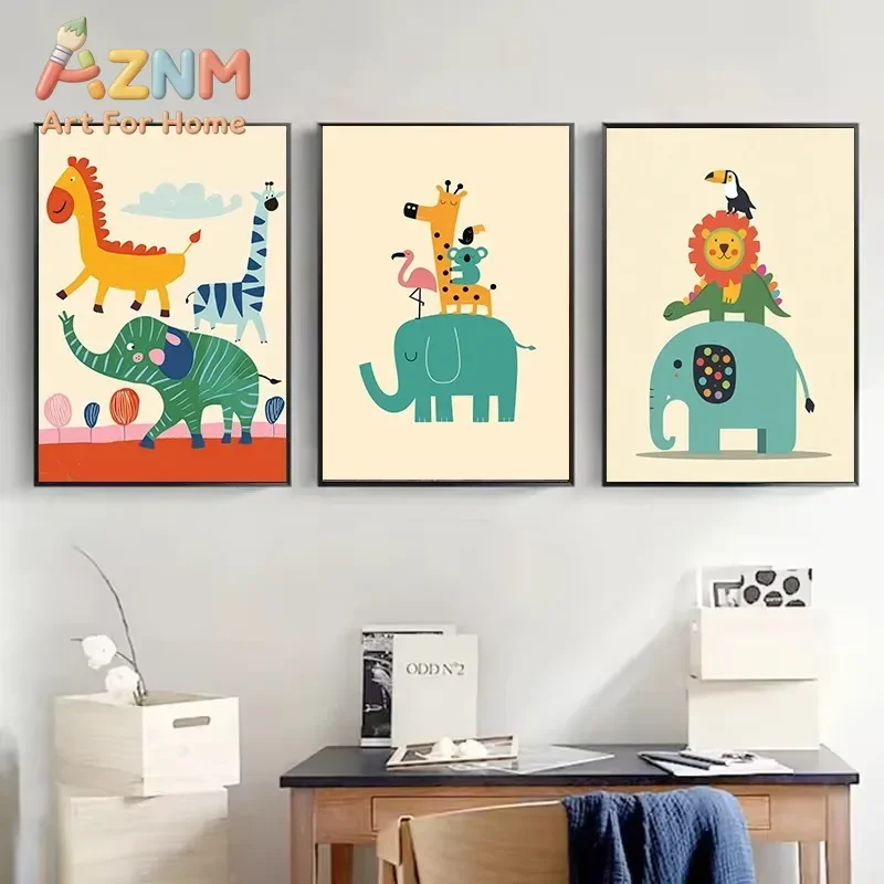 AZNM Cute Stacked Jungle Animal Canvas Wall Art Elephant Lion Dinosaur Giraffe Colorful Cartoon Art Print Unframed Canvas Poster