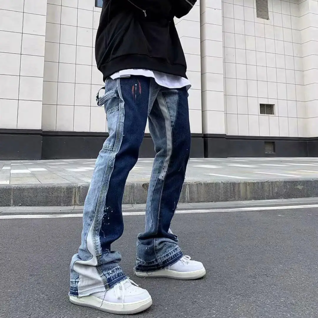 Men Jeans Flare Pant Denim Floor Length Pants Straight Trousers Pockets Splice Slim Fit High Waist Casual Autumn Winter 2025