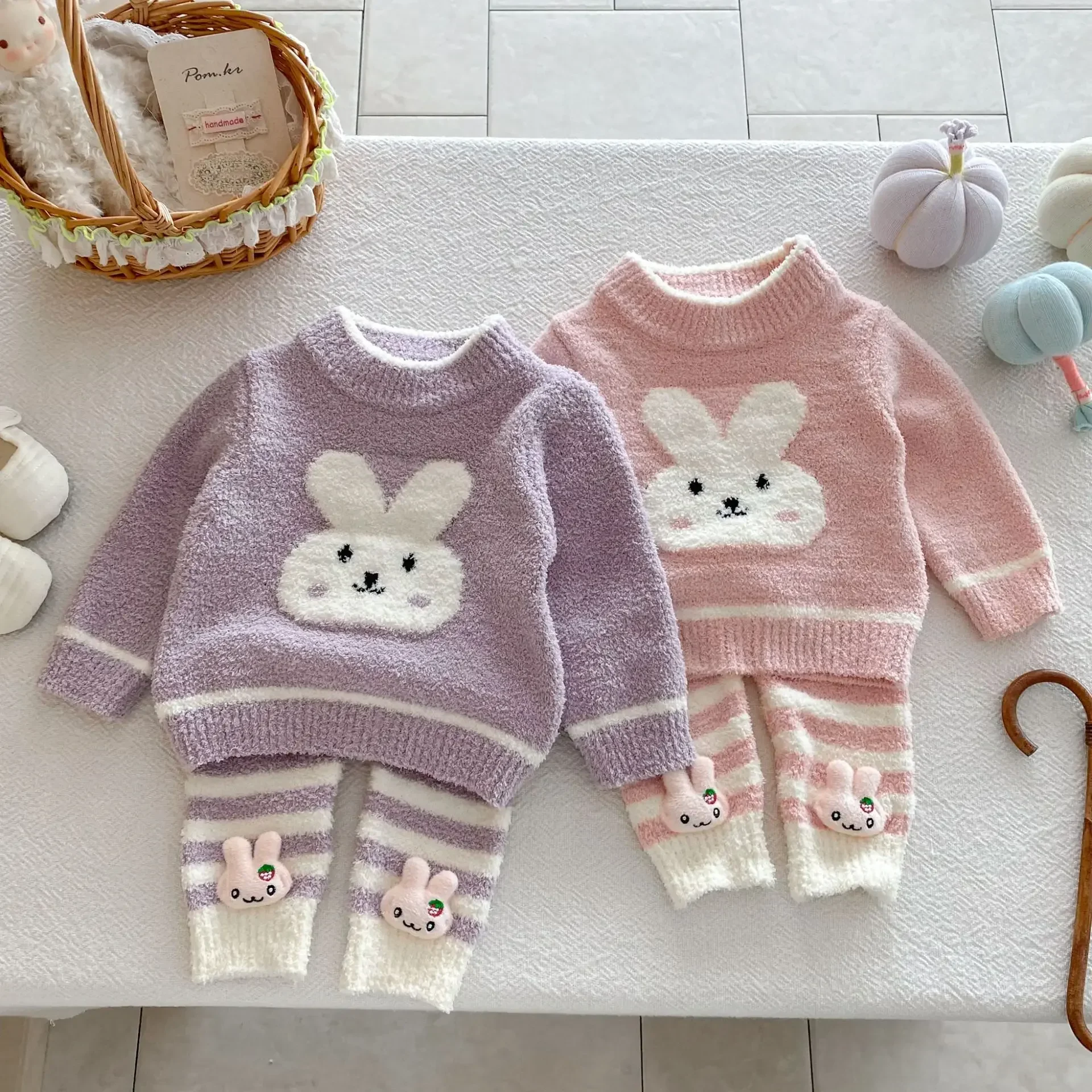 

0-3Y Baby Boys Girls Half Velvet Homewear Set Cute Rabbit Pattern Top And Pants Two Piece Set For Baby